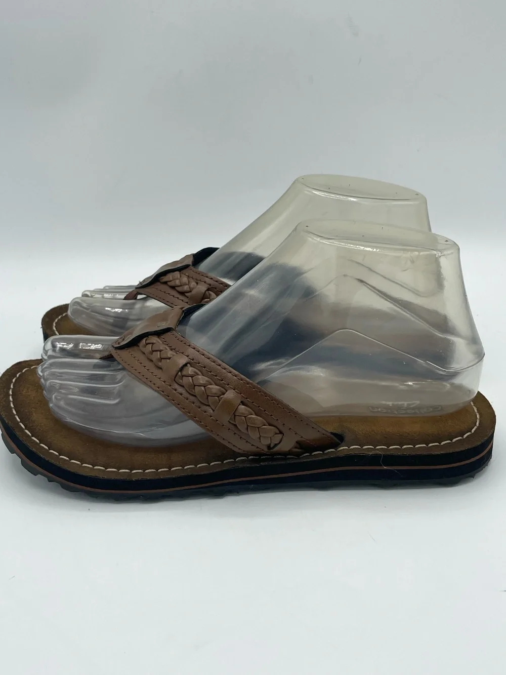 Clarks Collection Women’s Brown Braided Leather Toe-Post Sandals.
